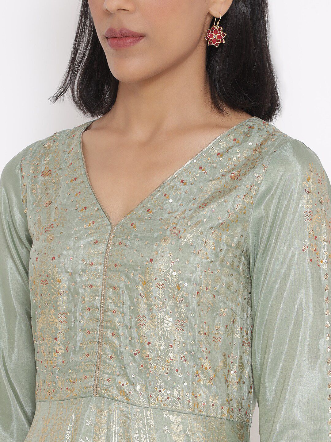 W Green Ethnic Motifs Ethnic Maxi Dress