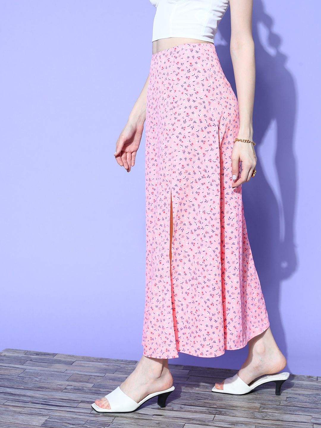 Berrylush Pretty Pink Floral Peekaboo Slit Skirt
