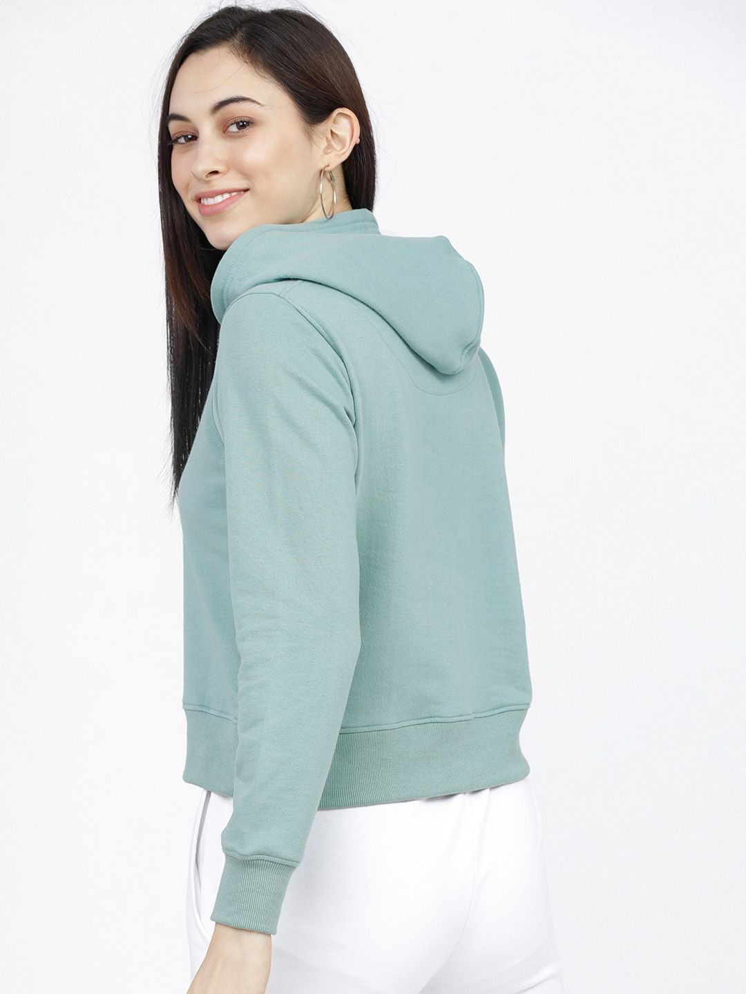 Tokyo Talkies Women Green & White Printed Hooded Sweatshirt