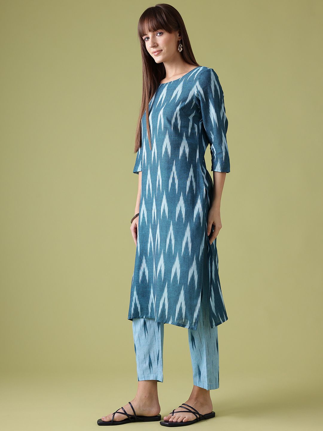 Anouk Ikat Print Pure Cotton Kurta with Trousers & Dupatta