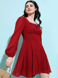 Tokyo Talkies Maroon Self Design Puff Sleeves Pleated Fit & Flare Dress
