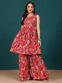 Varanga Women Floral Embroidered Regular Thread Work Pure Cotton Kurti with Sharara