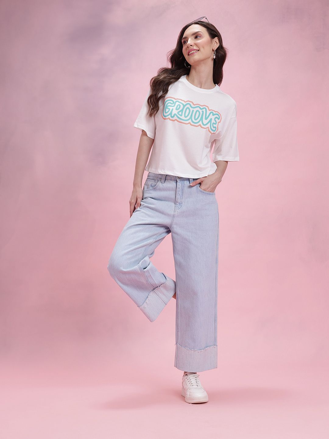 DressBerry Typography Print Drop-Shoulder Sleeves Pure Cotton Relaxed Fit T-shirt