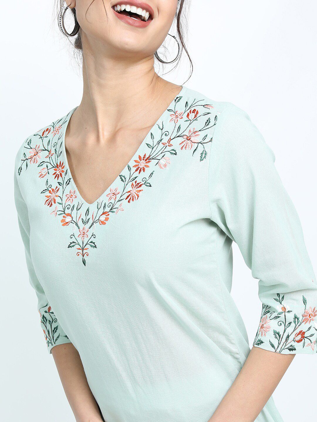 Vishudh Women Green Ethnic Motifs Embroidered Thread Work Cotton Kurta