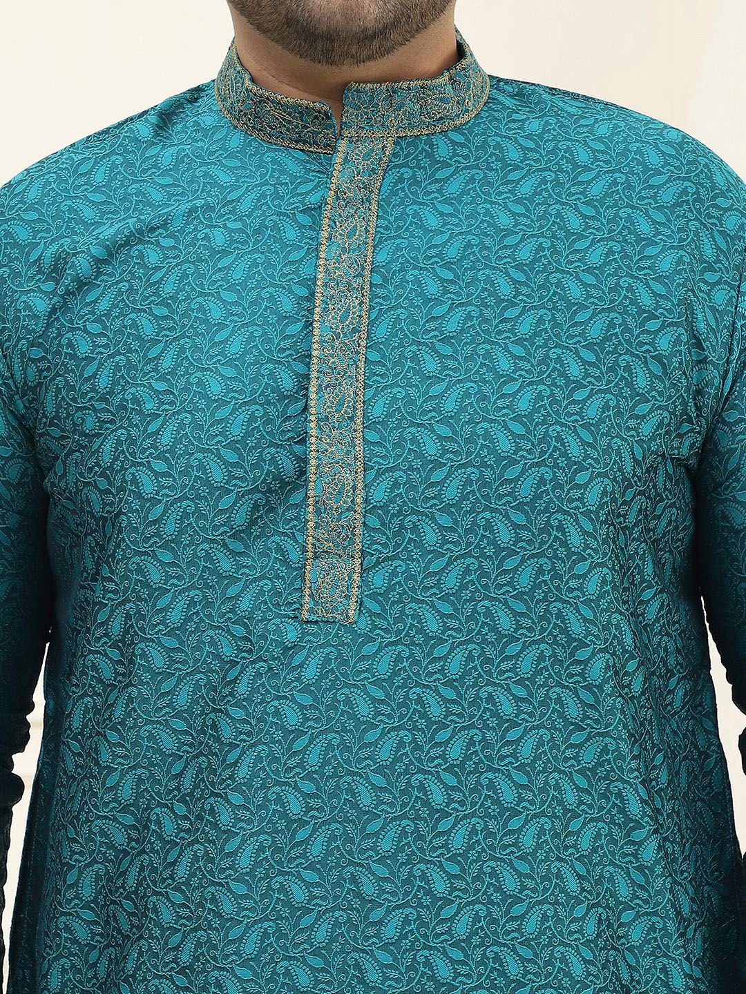 SOJANYA PLUS Men Teal Green Ethnic Motifs Embroidered Thread Work Kurta