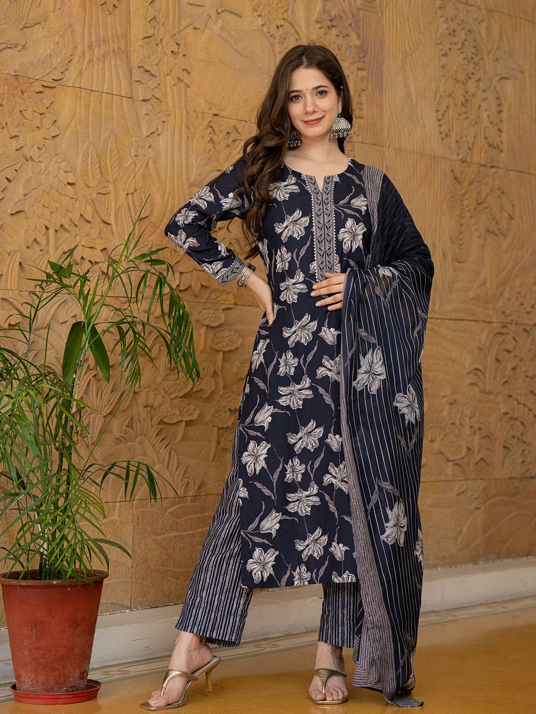 KALINI Floral Printed Gotta Patti Straight Kurta With Trouser & Dupatta