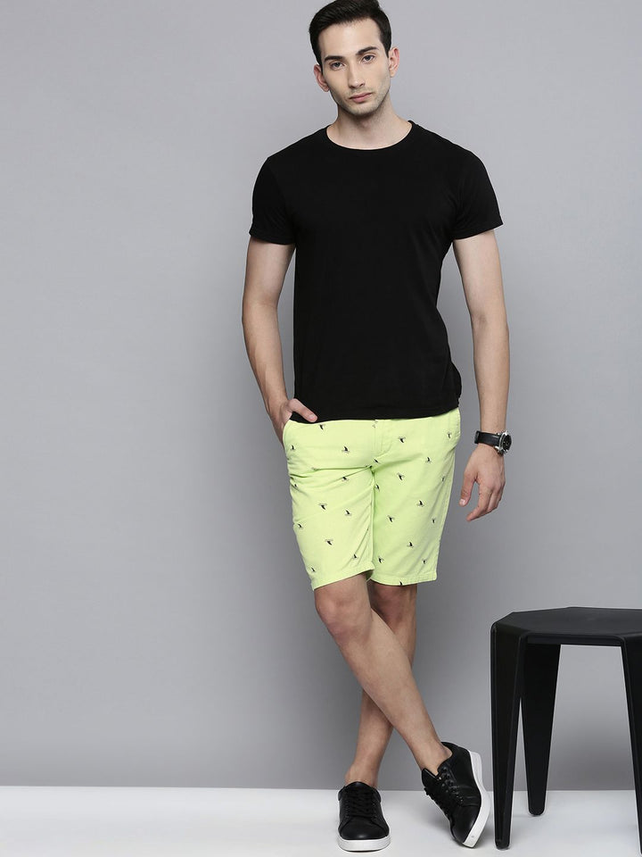 The Indian Garage Co Men Lime Green Printed Slim Fit Chino Shorts