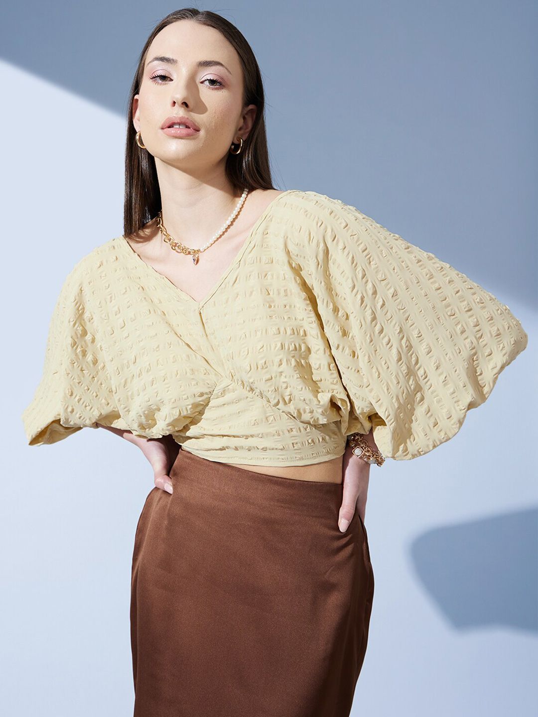 STREET 9 Self Design Puffed Sleeves Jacquard Crop Empire Top