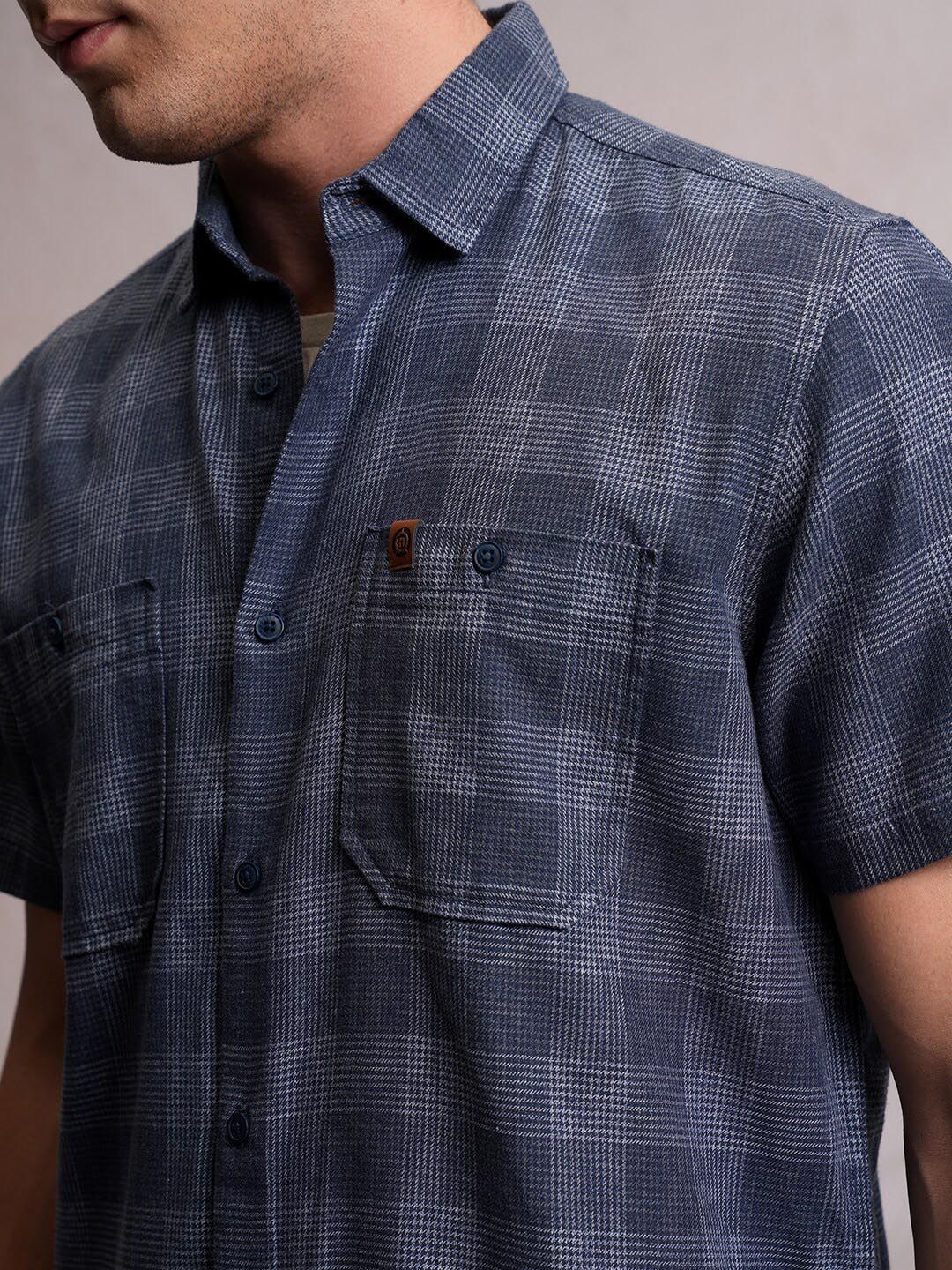 Locomotive Men Blue Linen Blend Checked Utility Pocket Regular Shirt