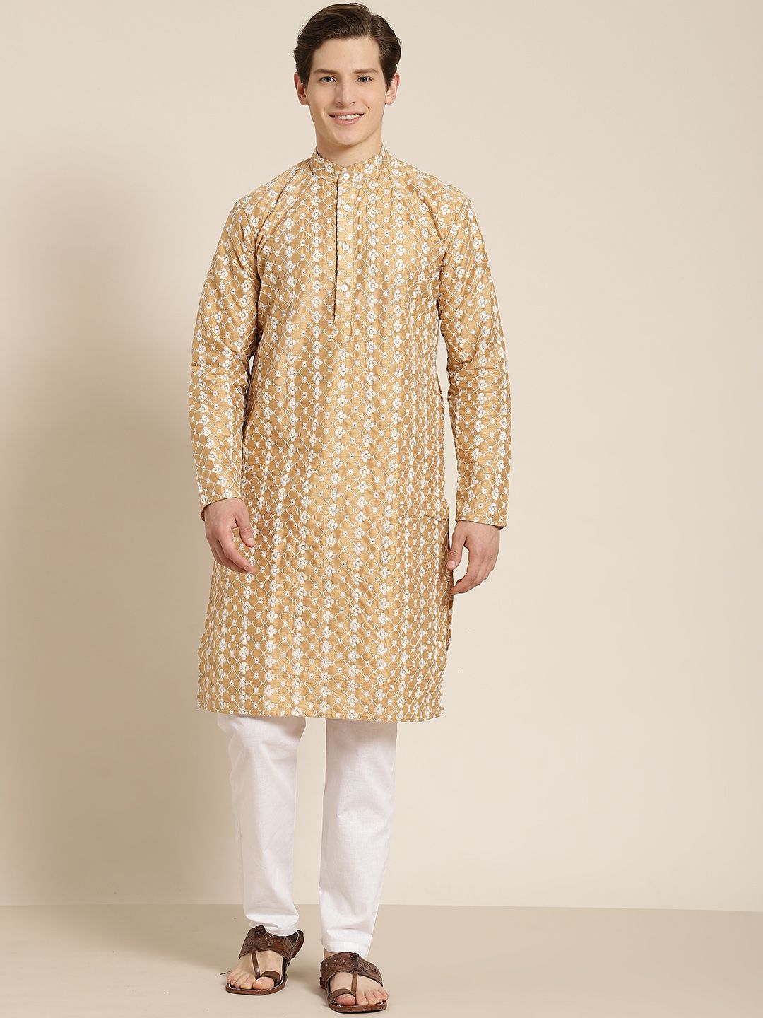 SOJANYA Lelaki Motif Etnik Emas & Putih Sulam Kurta