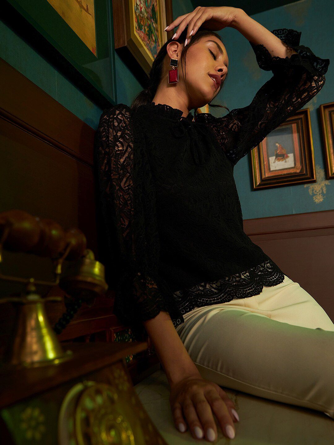 Athena Black Tie-Up Neck Lace Top