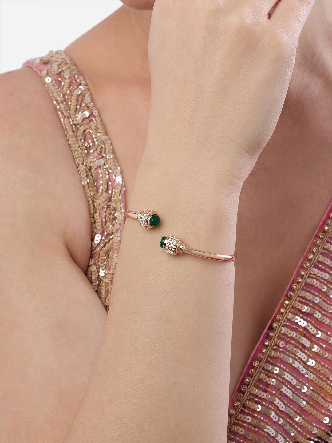 Zaveri Pearls Rose Gold-Plated -Gelang Kada Bertampal Batu Zirkonia Kubik