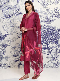 Vishudh Maroon V Neck Floral Printed Regular Kurta with Trousers & With Dupatta
