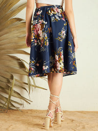 Berrylush Blue Floral Printed High-Rise Knee Length A-Line Skirt