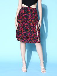 Berrylush Black Floral Peekaboo Slit Skirt