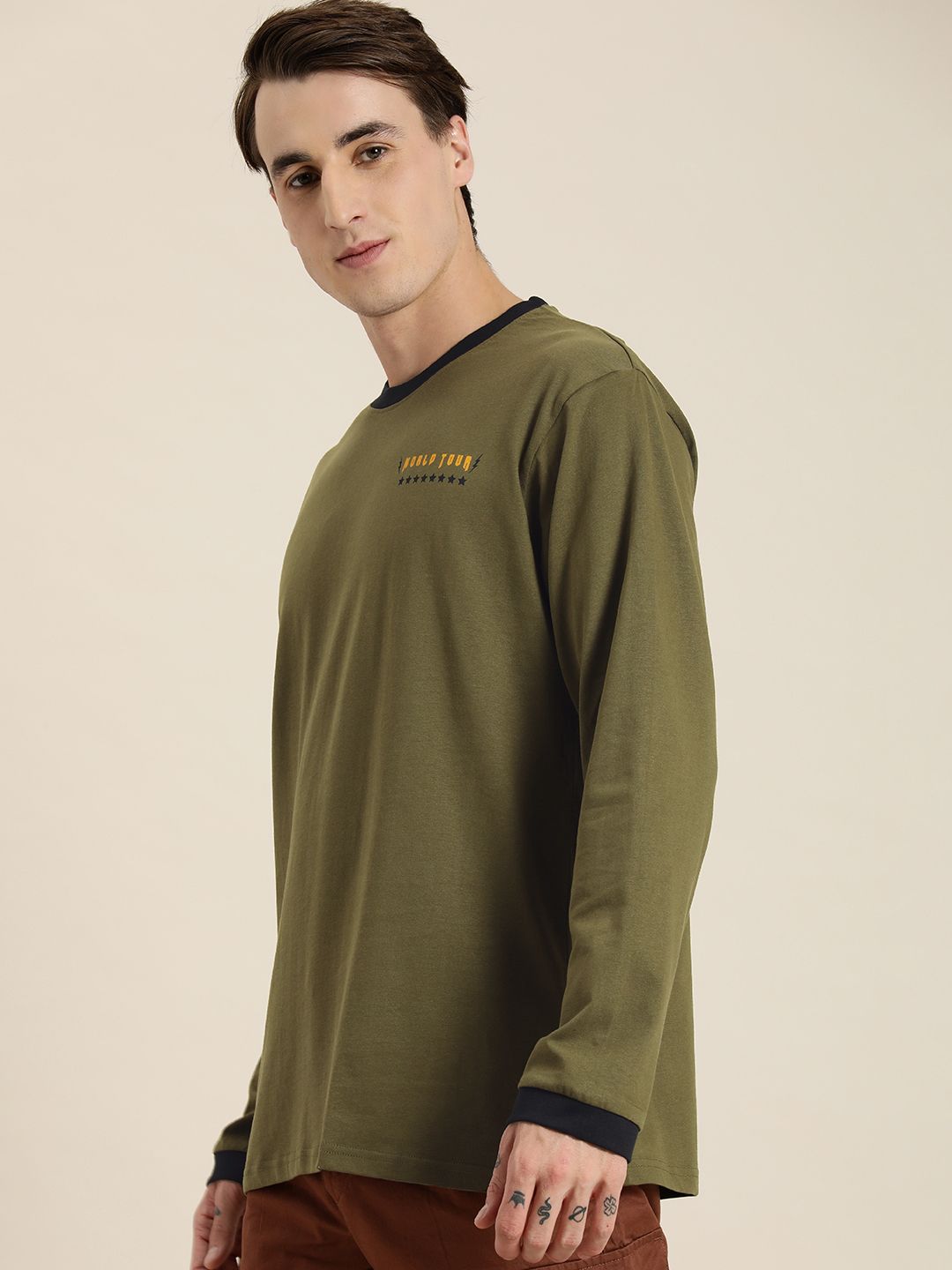 DILLINGER Men Olive Green Printed Cotton Oversized  T-shirt