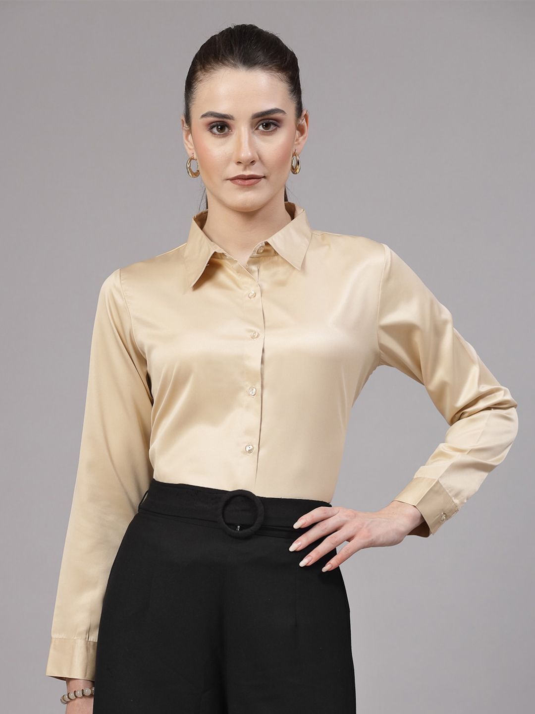 Style Quotient Champagne Smart Spread Collar Satin Formal Shirt