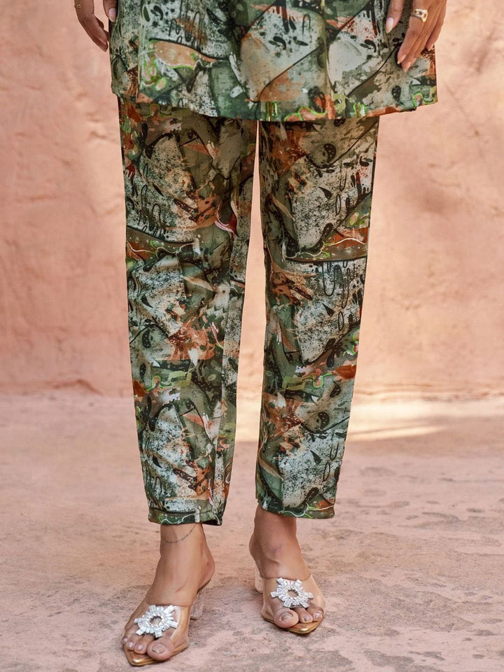 KALINI Floral Printed V-Neck Puff Sleeves Regular A-Line Kurti with Trousers