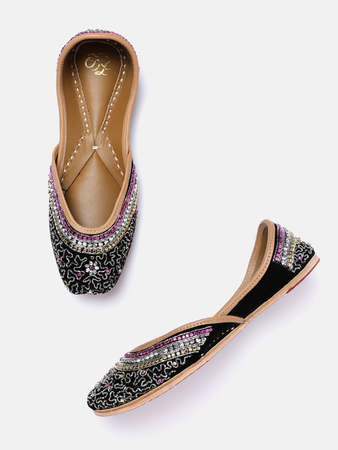 House of Pataudi Women Stone Embellished Ethnic Leather Mojaris