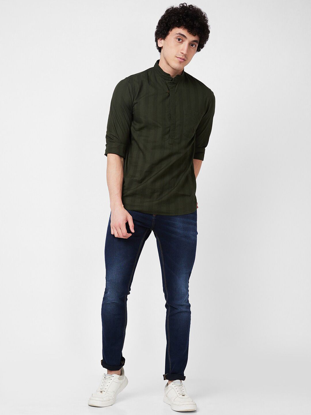 SPYKAR band collar Long Sleeves Striped Regular Fit Casual Pure Cotton Shirt