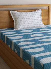 KLOTTHE  Blue & White Geometric-Printed 300TC Fitted Single Bedsheet With 1 Pillow Cover