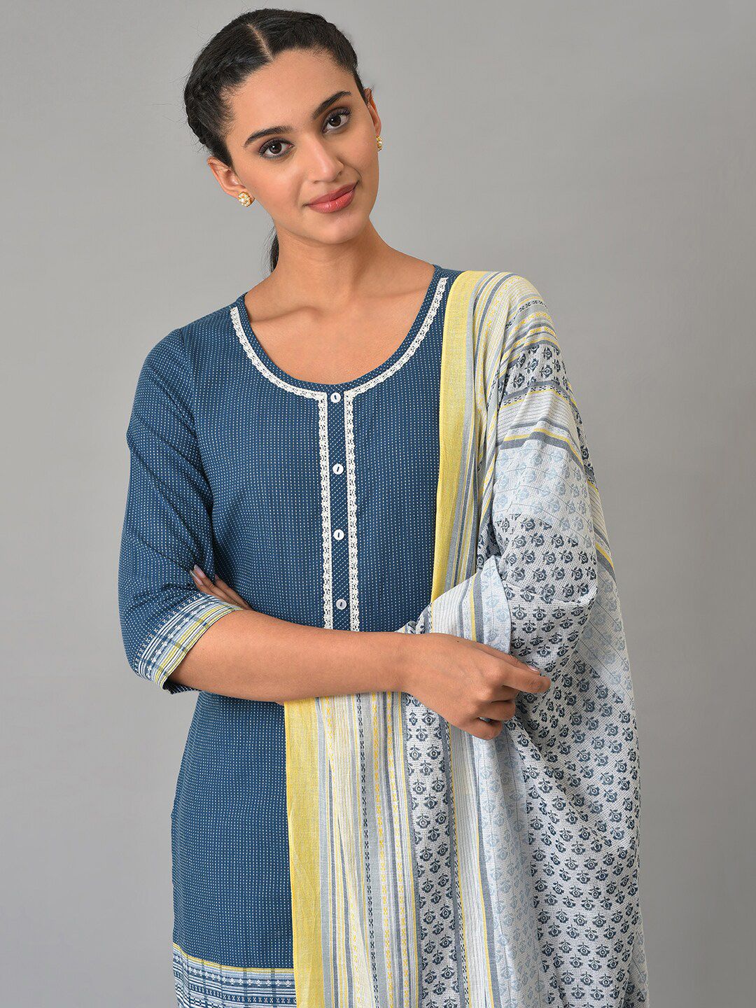 Aurelia Women Navy Geometric Print Cotton Kurta Set with Palazzos & Dupatta