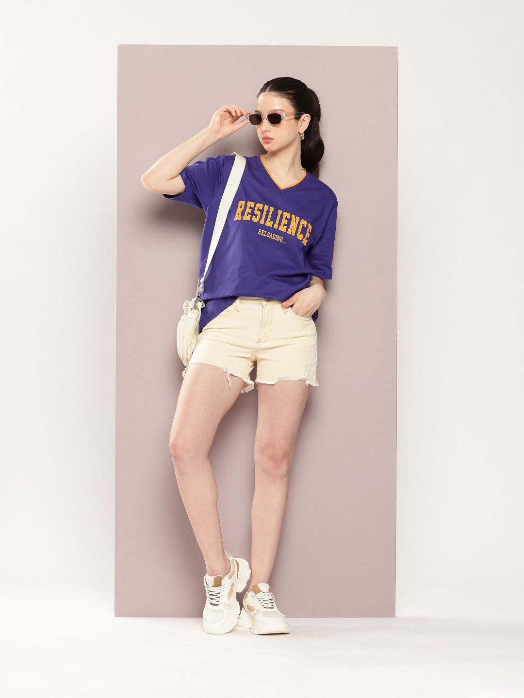 DILLINGER Women Oversized Embroidery V-Neck Tshirt