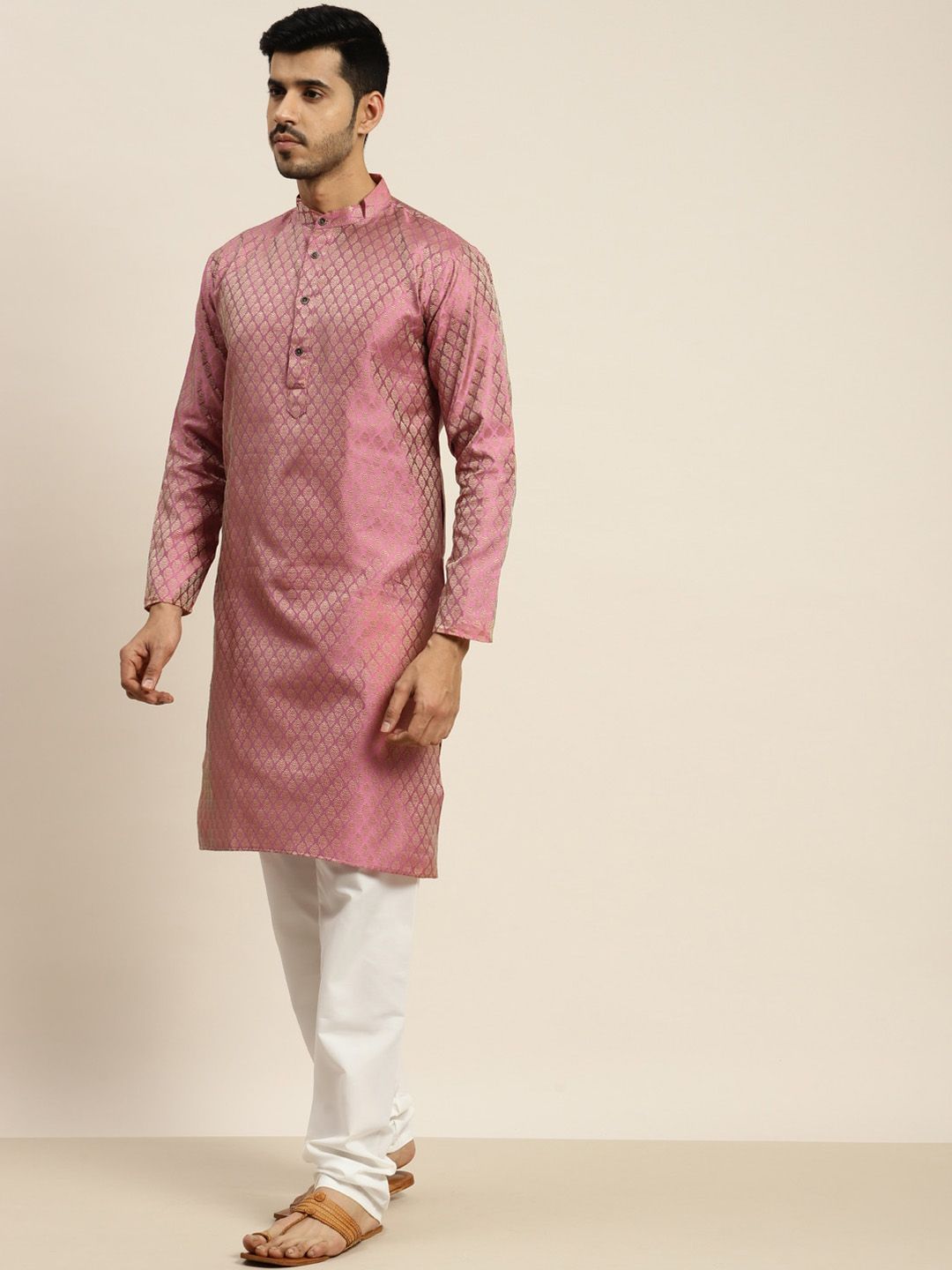 SOJANYA Ethnic Motifs Woven Design Mandarin Collar Kurta With Pyjamas & Nehru Jacket