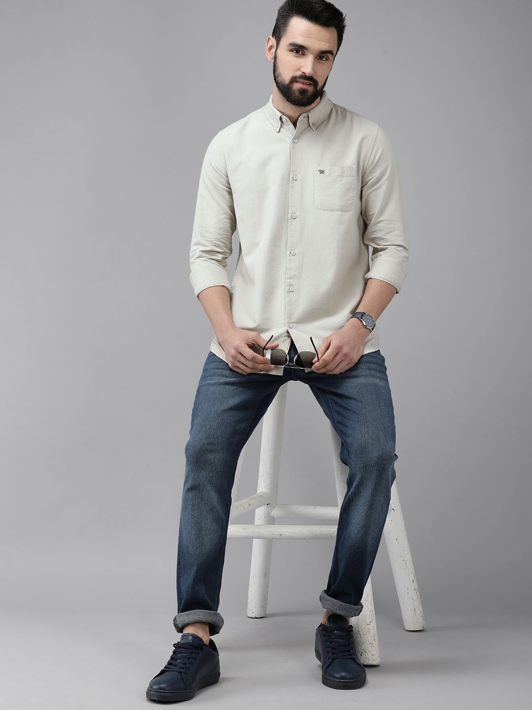 THE BEAR HOUSE Men Beige Solid Slim Fit Cotton Shirt