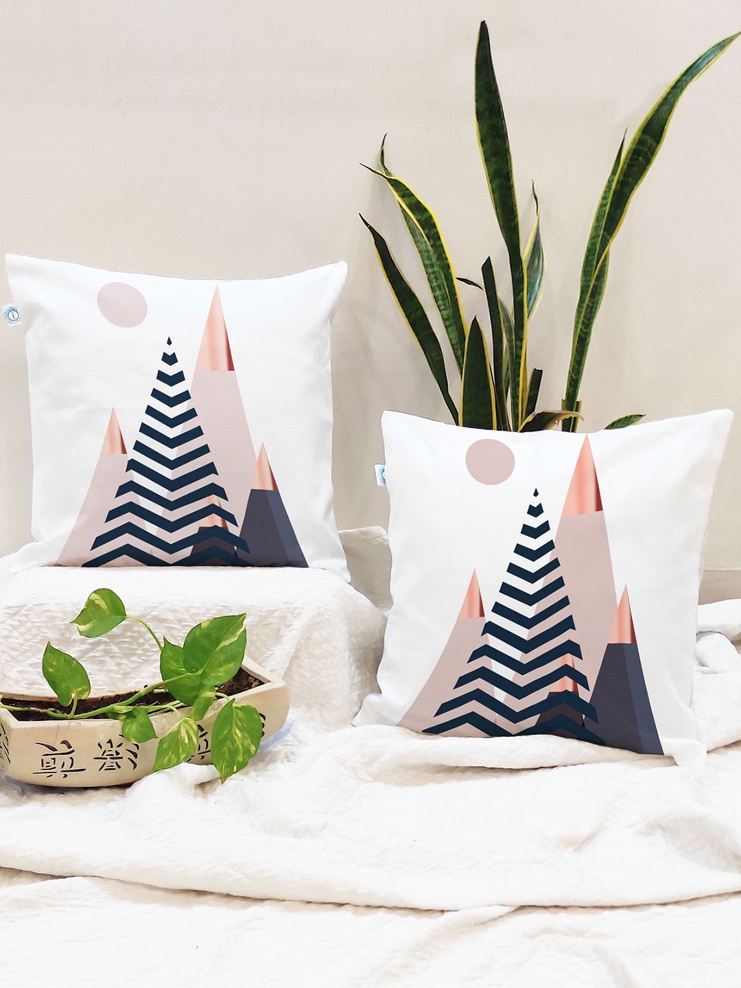 STITCHNEST Blue & White Set of 2 Geometric Square Cushion Covers