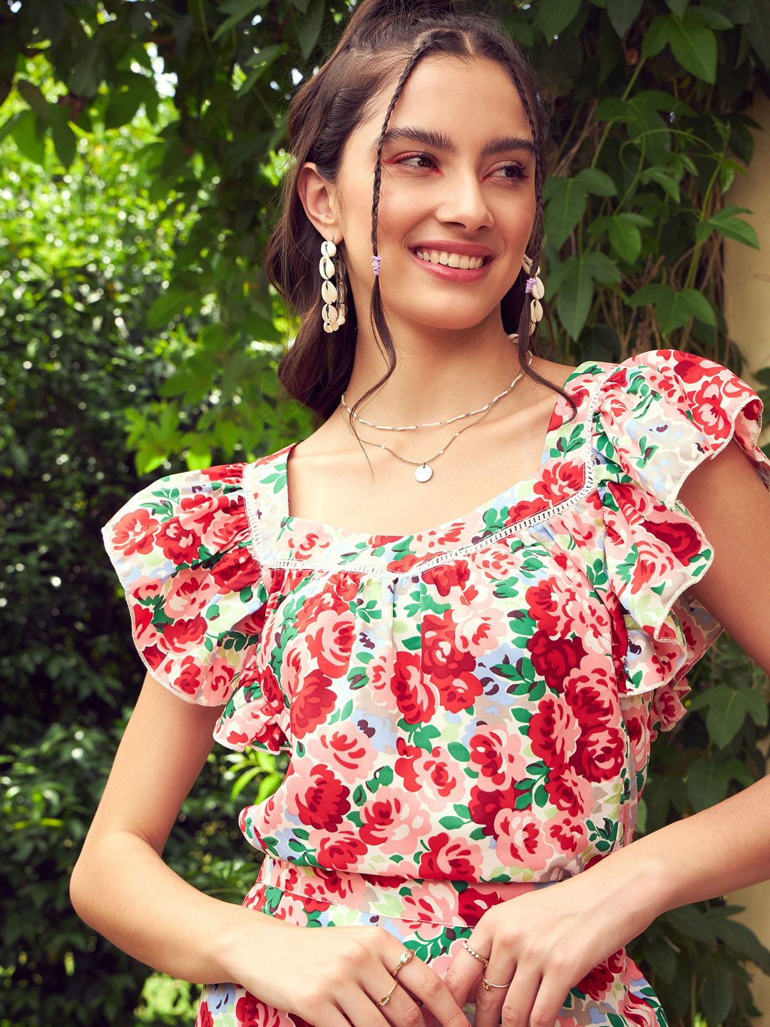 SASSAFRAS Red Floral Printed Sweetheart Neck Top With Skirt