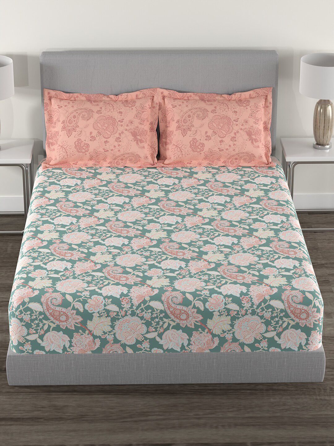 MYTRIDENT Green  White Ethnic Motifs Cotton 144 TC Queen Bedsheet With 2 Pillow Covers