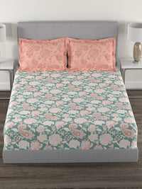 MYTRIDENT Green  White Ethnic Motifs Cotton 144 TC Queen Bedsheet With 2 Pillow Covers