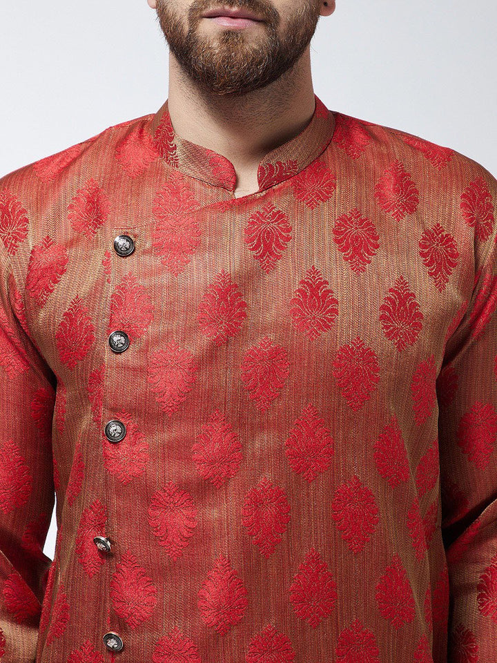 SOJANYA Kurta Lurus Bersulam Merah & Beige Lelaki