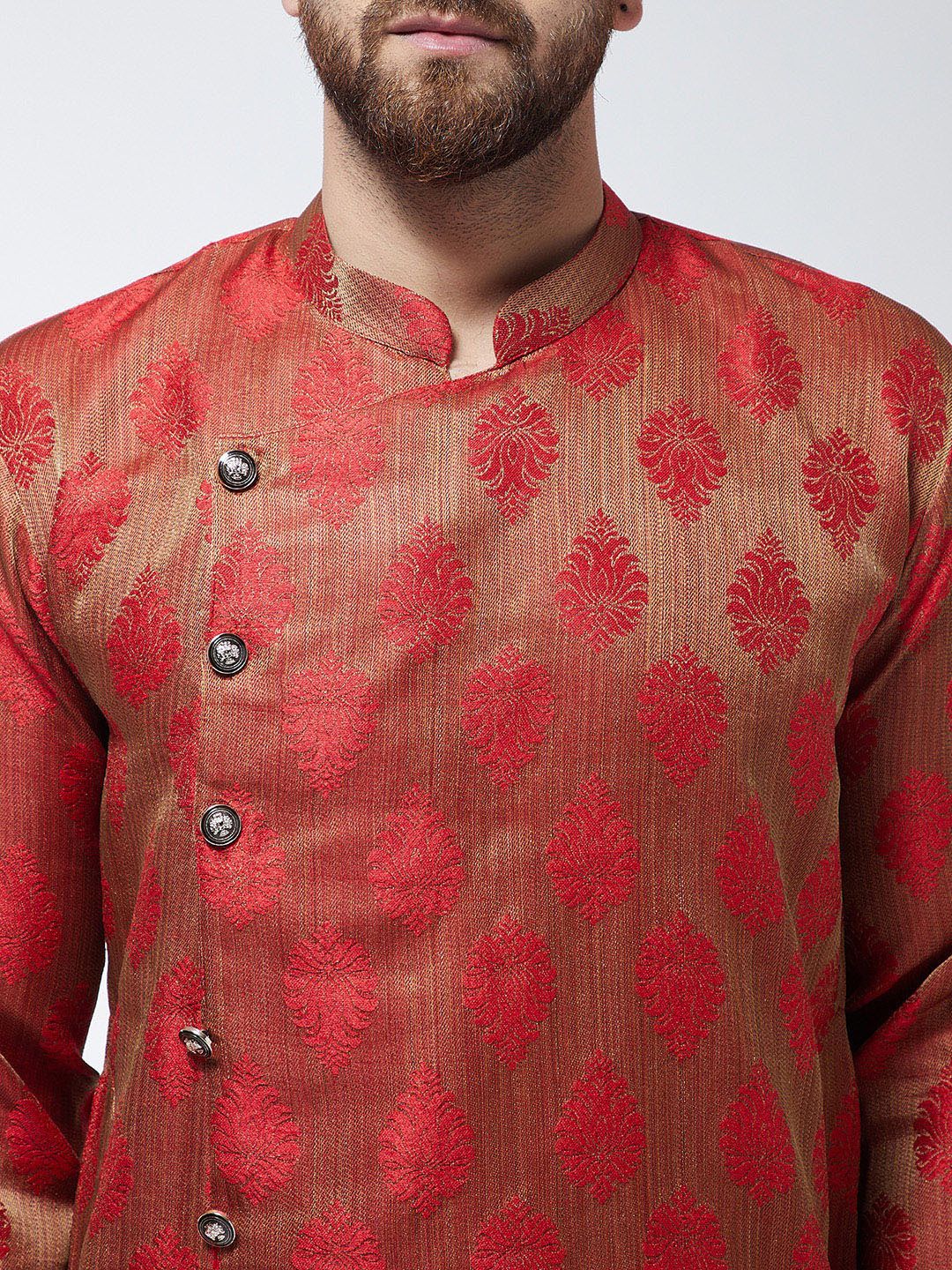 SOJANYA Kurta Lurus Bersulam Merah & Beige Lelaki