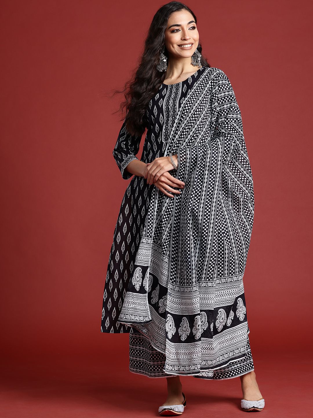 Indo Era Printed Mirror Work Pure Cotton Kurta With Palazzos & Dupatta