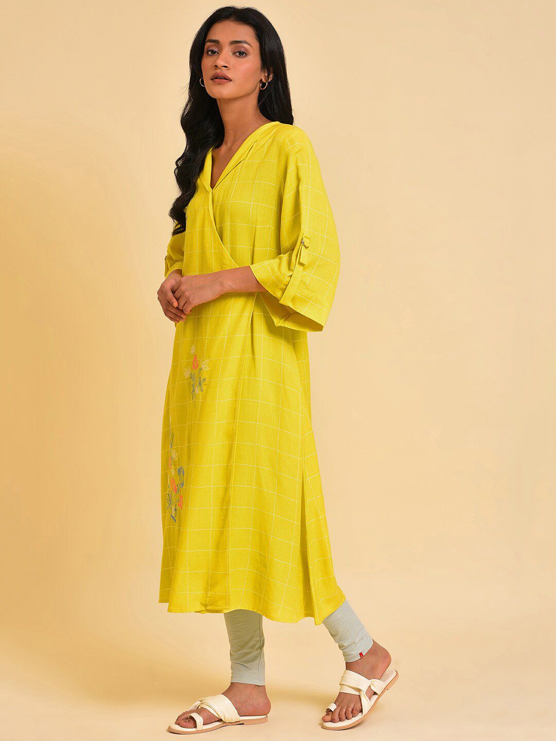 W Yellow Floral Printed A-Line Angrakha Kurta