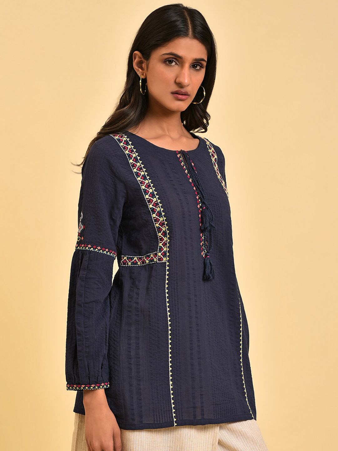 W Ethnic Motifs Embroidered Tie-Up Neck Cuffed Sleeve Cotton Regular Top