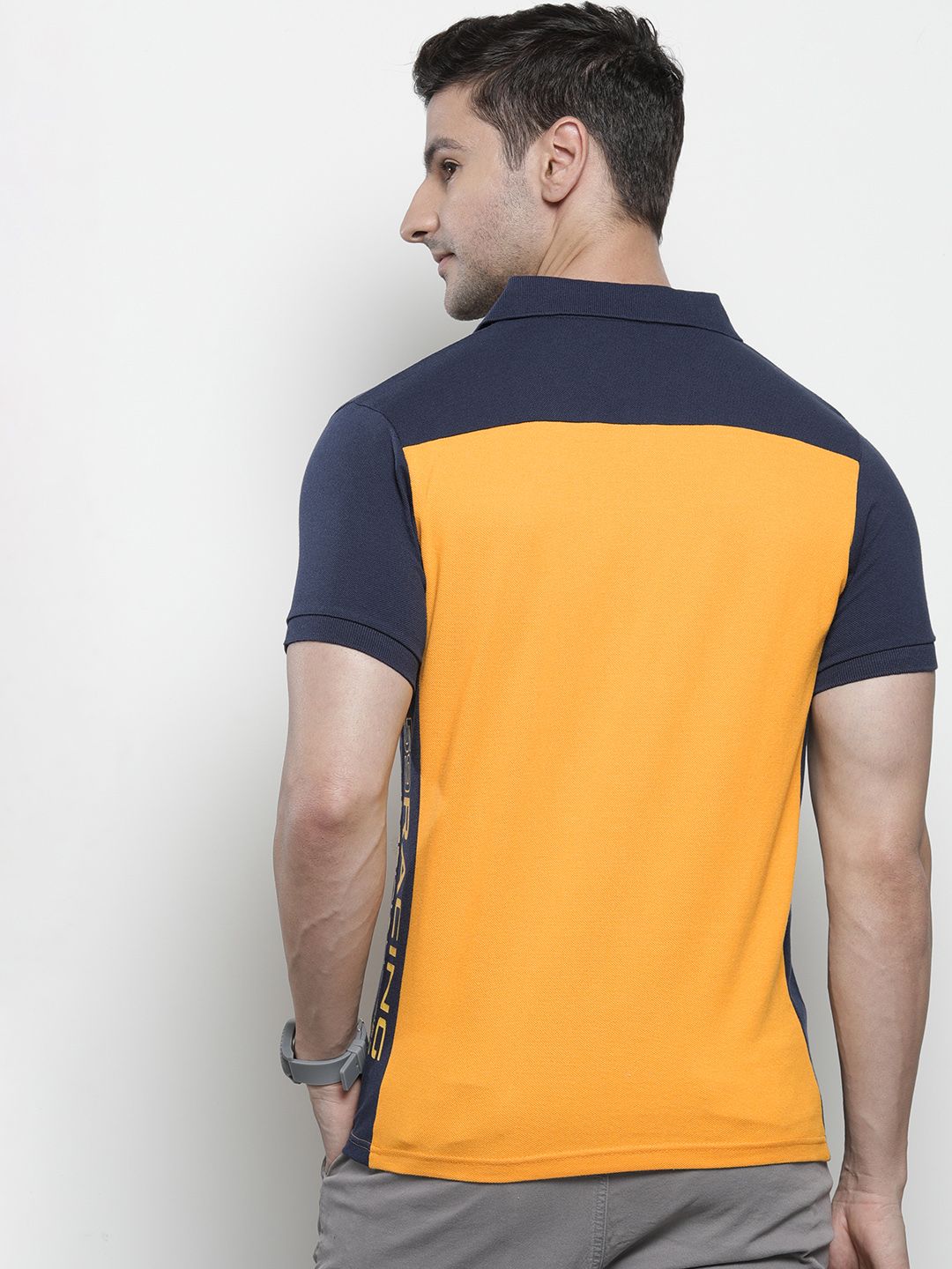 The Indian Garage Co Men Yellow & Navy Blue Colourblocked Polo Collar T-shirt