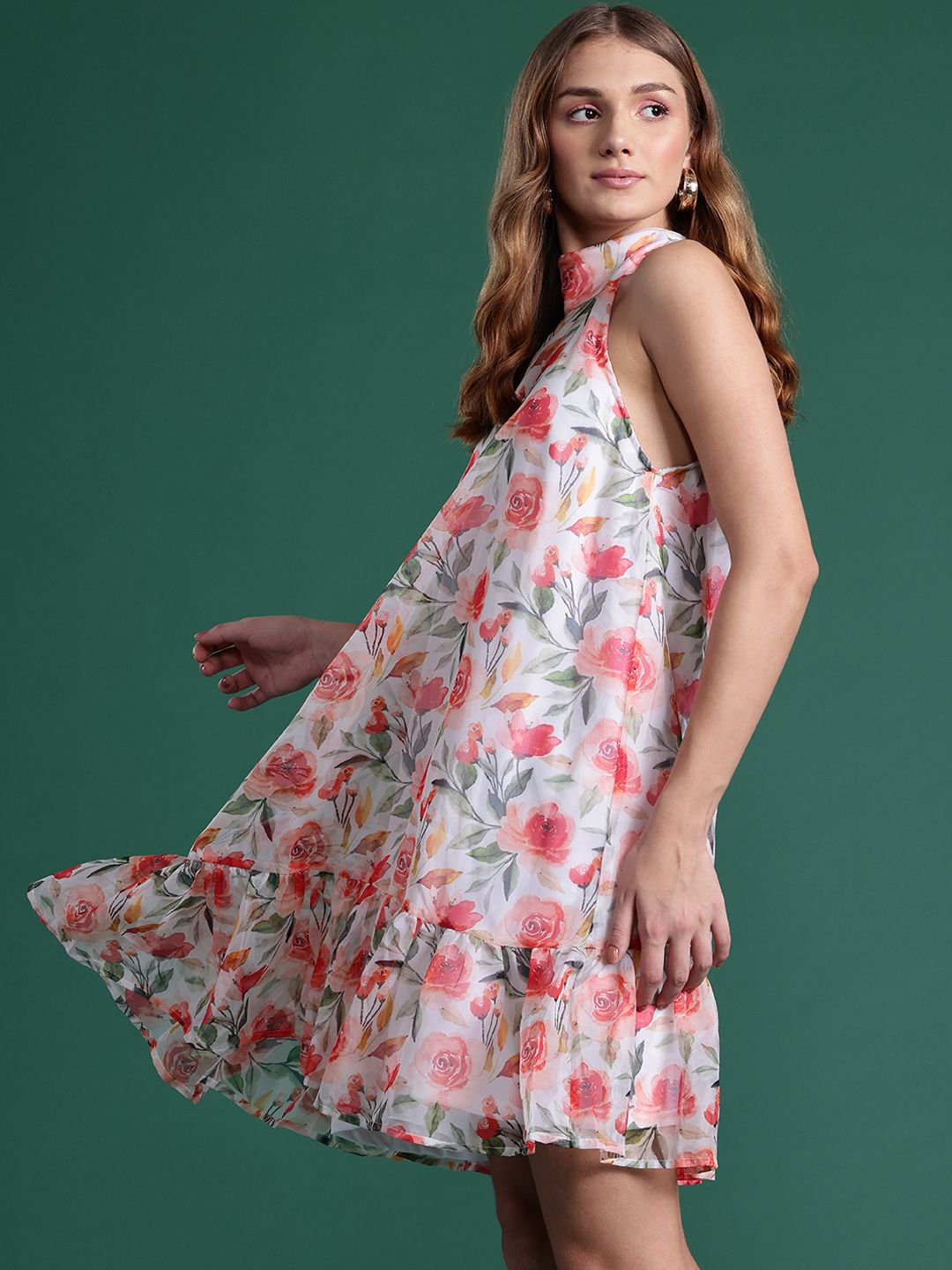 DressBerry Floral Print Halter Neck A-Line Mini Dress