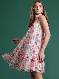 DressBerry Floral Print Halter Neck A-Line Mini Dress