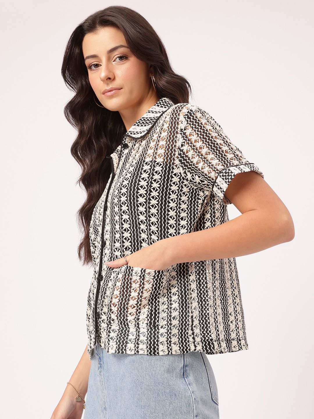 DressBerry Escape Essentials Thread Work Open Knit Shirt