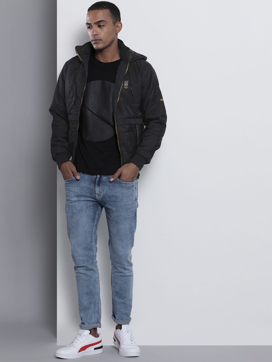 The Indian Garage Co Men Slim Fit Zip-Front Puffer Jacket with Hood