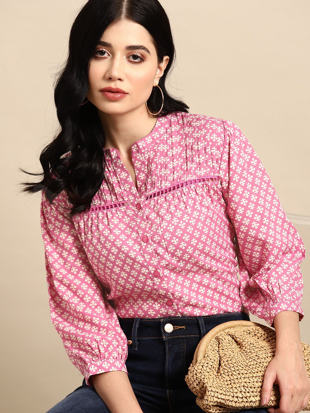 all about you Ethnic Printed Puff Sleeves Pleated Detail Top