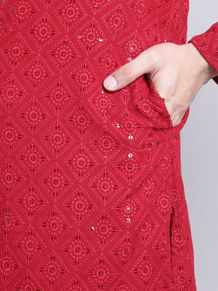 SOJANYA Geometric Embroidered Sequence Mandarin Collar Pure Cotton Kurta