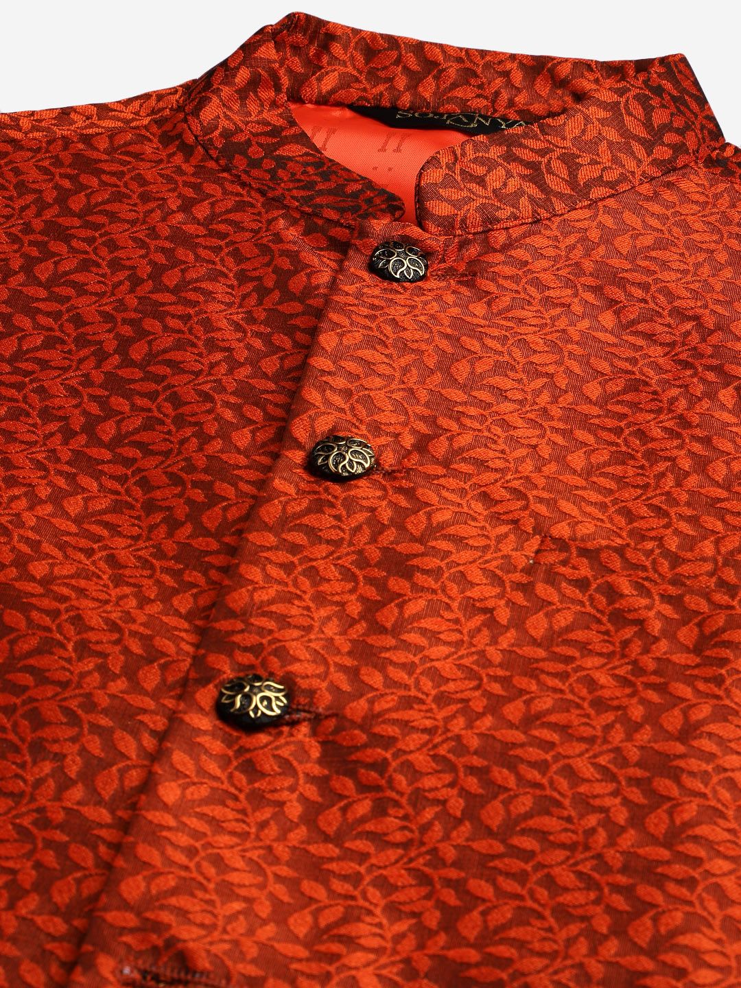 SOJANYA Men Coral Red & Off-White Woven Design Kurta with Pyjamas & Nehru Jacket