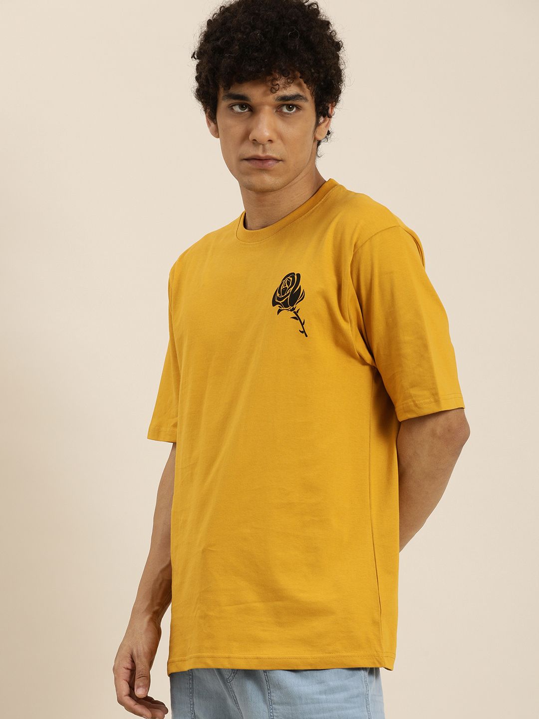 DILLINGER Men Mustard Yellow & Black Printed Pure Cotton Oversized T-shirt