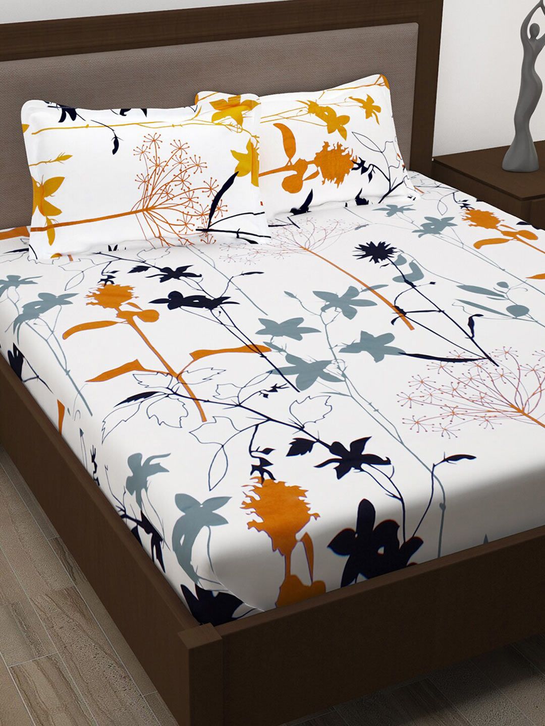 Story@home White & Mustard Floral 186 TC Pure Cotton King Bedsheet With 2 Pillow Covers
