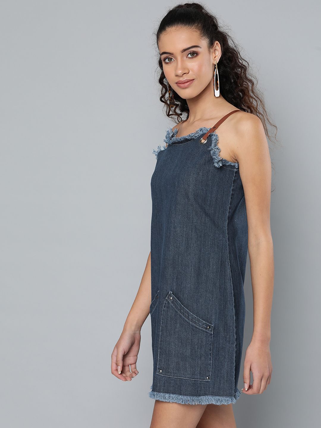 STREET 9 Women Navy Blue Denim A-Line Dress