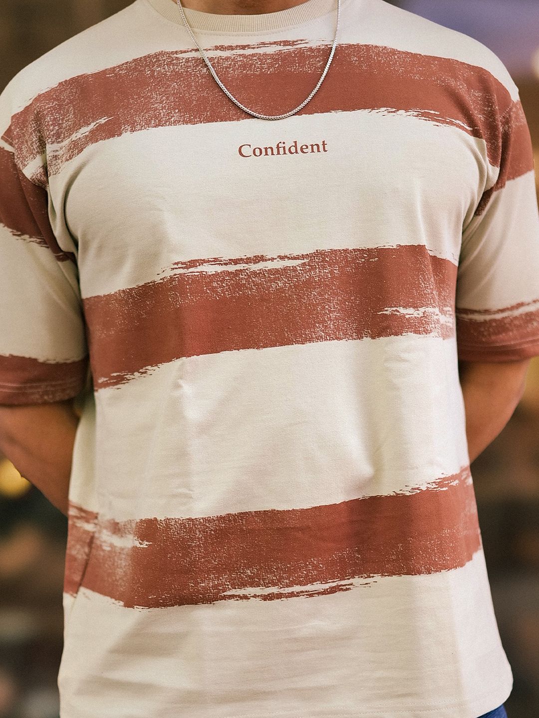 Maniac Men Striped Round Neck Cotton Oversized T-shirt